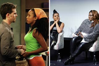 Boy Meets World actors in a scene, Taraji P. Henson and Jazmine Sullivan at a panel event