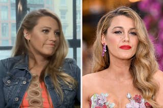 On the left, Blake Lively in casual wear and a denim jacket during an interview. On the right, Blake Lively in an elegant gown at a red carpet event