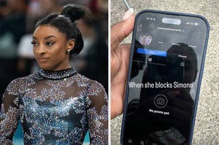 Simone Biles in a sparkling leotard on the left; a phone screen showing an Instagram profile blocking Simone Biles on the right with the text 