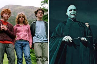 On the left, Rupert Grint, Emma Watson, and Daniel Radcliffe stand together outdoors as Ron, Hermione, and Harry in the Harry Potter series, and on the right, Ralph Fiennes, as Voldemort, holds a wand