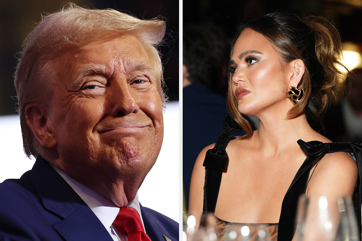 Donald Trump in a suit and tie vs Chrissy Teigen in a stylish dress with earrings