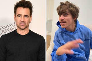 Colin Farrell in a black shirt posing beside a photo of his son, Henry Tadeusz Farrell, who is smiling and wearing a blue hoodie