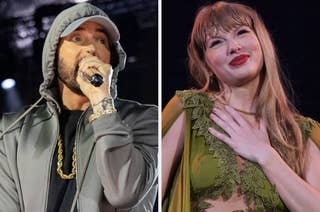 Eminem performing in a hoodie and cap, holding a mic. Taylor Swift in a green dress, hand on chest, smiling