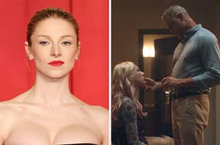 Hunter Schafer in a strapless dress on the left side. On the right, a scene with a man and woman, the man comforting the seated woman