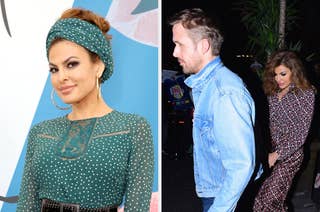 Eva Mendes wears a polka dot dress with a headband. In another image, Eva Mendes in a patterned outfit is seen walking behind Ryan Gosling in a denim jacket