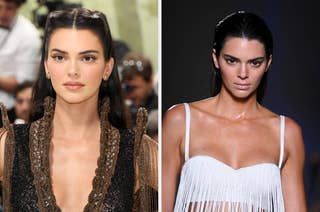 Kendall Jenner at two events: on the left, in an ornate dress at what appears to be a red carpet event; on the right, in a white fringe dress on a runway