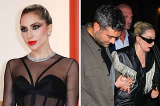 Lady Gaga in a sheer black dress with red lips and necklace; second image shows her in a fringed leather jacket, holding hands with Michael Polansky