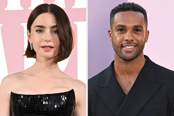 Lily Collins in a strapless black dress and Lucien Laviscount in a black blazer pose for photos