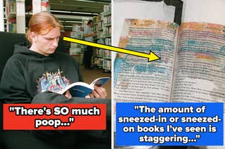 Person wearing a hoodie reads a book in a library with an arrow pointing to a highlighted, annotated book. Text: 