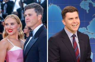 Scarlett Johansson and Colin Jost on the red carpet in elegant attire; Jost also shown hosting 