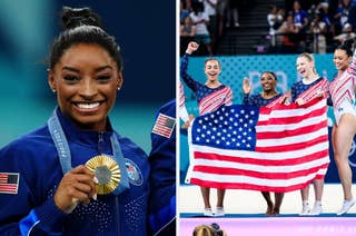 Simone Biles holds a gold medal. Team USA gymnasts celebrate with an American flag at the Paris 2024 Olympics