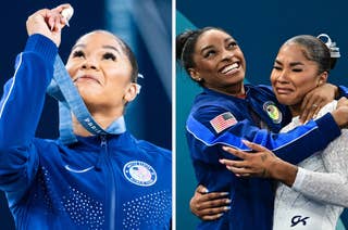 Jordan Chiles wearing a team USA tracksuit, emotional while holding a medal ribbon; then Simone Biles hugging Jordan Chiles who appears tearful