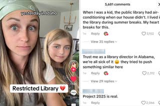 A woman and a girl in Idaho appear next to TikTok comments discussing the impact of restricted library access and controversial library projects