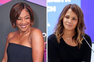 Tiffany Haddish in a strapless dress smiling on a red carpet; Halle Berry at a panel event, wearing a black top and speaking into a microphone