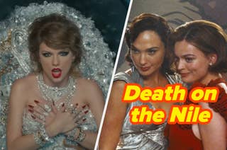 Left: Taylor Swift lies amidst sparkling jewels, wearing an ornate dress. Right: Gal Gadot and Emma Mackey in a movie still. Text: 