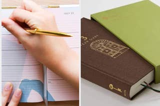 A hand writes in a planner on the left, while two closed journals, one green and one brown with a gold key design, are placed on the right