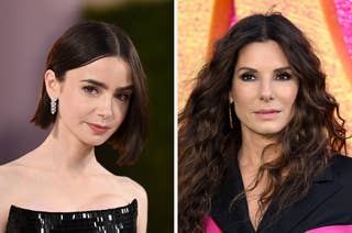 Lily Collins in a strapless dress with earrings on the left. Sandra Bullock with wavy hair, wearing a v-neck dress on the right