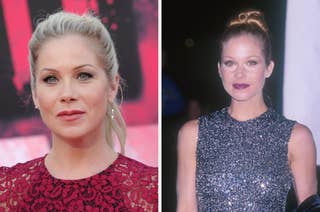 Christina Applegate on the red carpet in two different outfits. Left: wearing a lace dress. Right: in a sleeveless glittering dress with hair in a bun