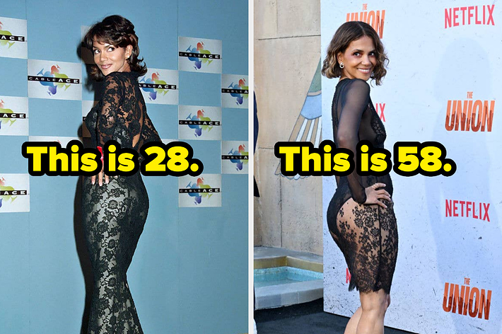 Halle Berry in two side-by-side images wearing a lace dress: one from her at 38 years old, another more recent. Text reads "This is 38. This is now."