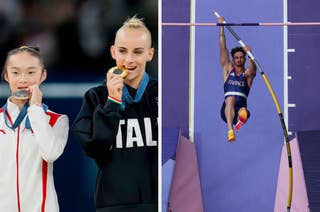 Athletes biting their medals; Athlete pole vaulting for France