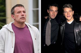 On the left, Ben Affleck is wearing a casual outfit. On the right, younger Ben Affleck and Matt Damon are in black suits with ties at an event