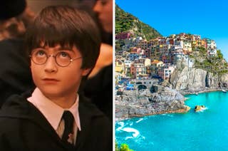 On the left, Daniel Radcliffe dressed as Harry Potter gazing upwards, and on the right, a scenic coastal town with colorful buildings on a cliff by the sea in Italy